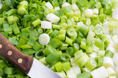 High angle view of chopped vegetables in plate