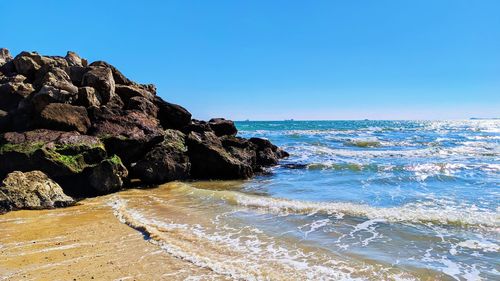 Scenic view of sea against clear blue sky