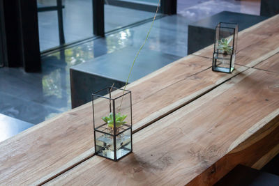 High angle view of wine glass on table in restaurant