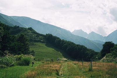 Scenic view of field and mountains against sky