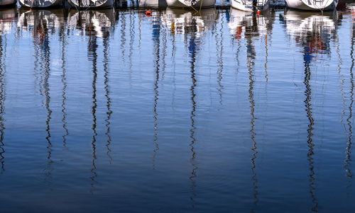 High angle view of wooden posts in lake