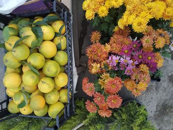 High angle view of fruits in market for sale