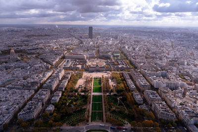 High angle view of city against cloudy sky