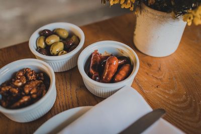 High angle view of breakfast on table