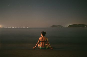 Rear view of woman sitting on shore at beach