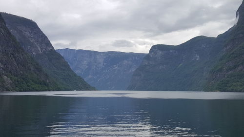 Scenic view of lake against cloudy sky