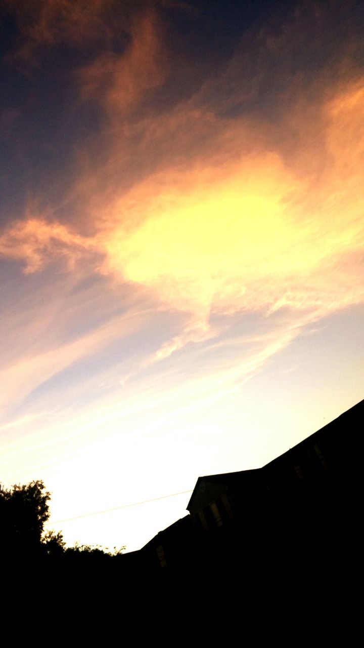 sunset, silhouette, architecture, built structure, sky, building exterior, low angle view, cloud - sky, house, orange color, cloud, beauty in nature, roof, scenics, nature, outdoors, tranquility, no people, residential structure, high section