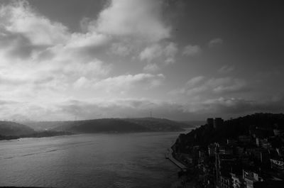 High angle view of town by sea against sky