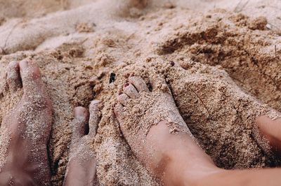 Close-up of hand on sand at beach