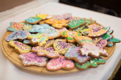 High angle view of cookies in plate on table