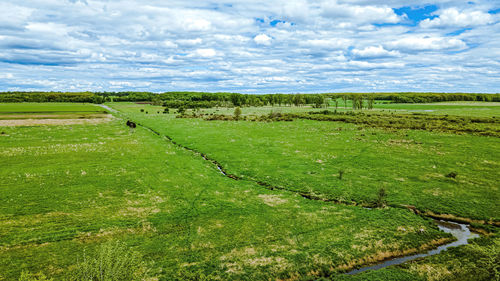 A beautiful view over a grassy field with small stream, trees, and forest. cloudy blue sky above