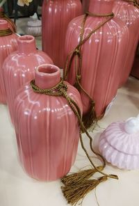 High angle view of pink tied on table