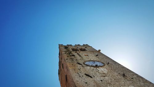 Low angle view of old tower against clear blue sky