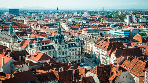 High angle shot of townscape against sky