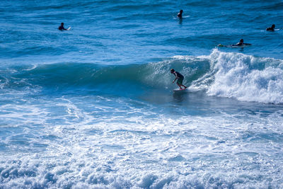 Surfers surfing in sea