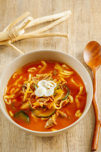 High angle view of soup in bowl on table