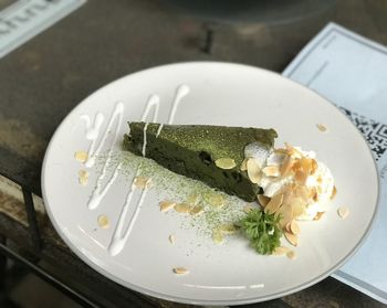 High angle view of dessert in plate on table