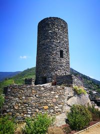 Low angle view of old ruin against sky