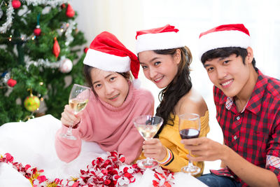 Portrait of friends having drink at home during christmas