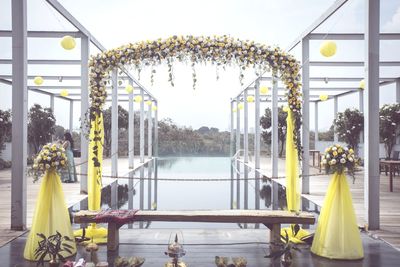 People on yellow flowering plants against sky