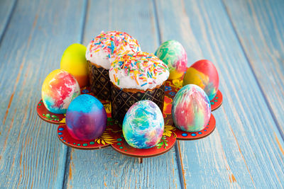 High angle view of multi colored candies on table