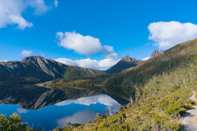 Scenic view of lake and mountains against sky