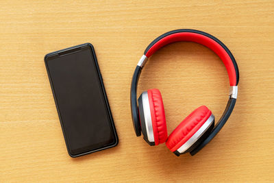 High angle view of smart phone on table