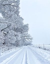 Snow covered road by trees against sky