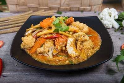 High angle view of food in plate on table