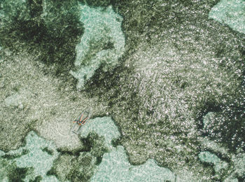 High angle view of girl relaxing in a transparent canoe in tropical waters