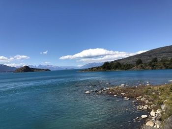 Scenic view of sea against blue sky