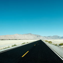 Road amidst desert against clear blue sky