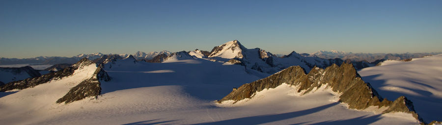 Panoramic view of mountains against clear blue sky