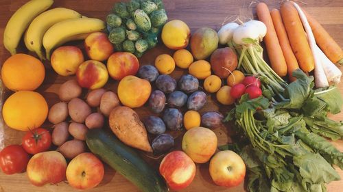 High angle view of vegetables and fruits on table