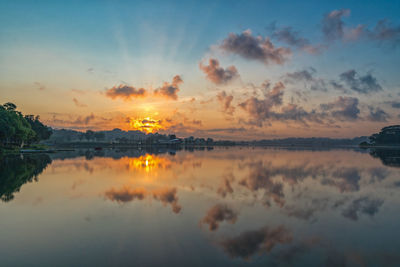 Scenic view of lake against sky during sunset