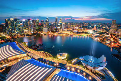 High angle view of illuminated city buildings