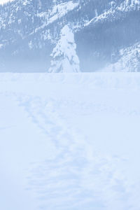 Snow covered land against sky