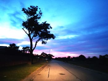 Silhouette tree by road against sky during sunset