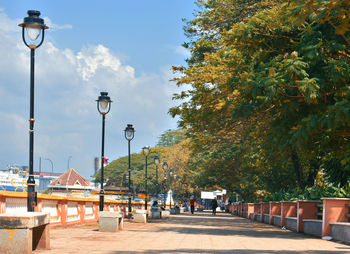 People on street by trees against sky