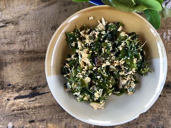 High angle view of salad in bowl on table