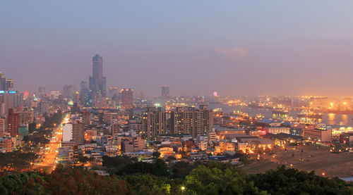 High angle shot of cityscape against clear sky