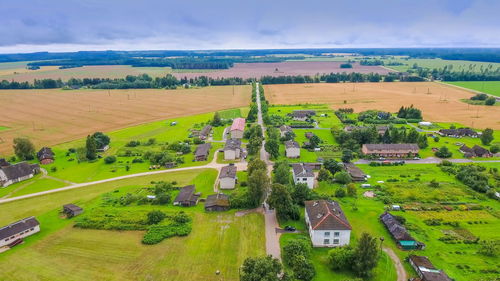 High angle view of field against sky