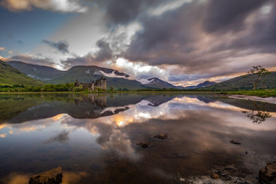 Scenic view of lake and mountains against sky