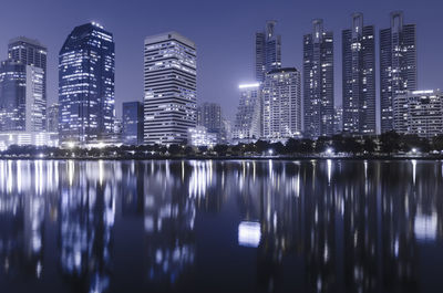 Reflection of illuminated buildings in city at night