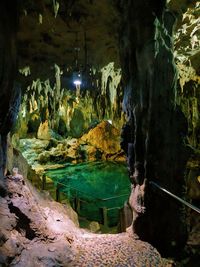 Scenic view of lake seen through cave