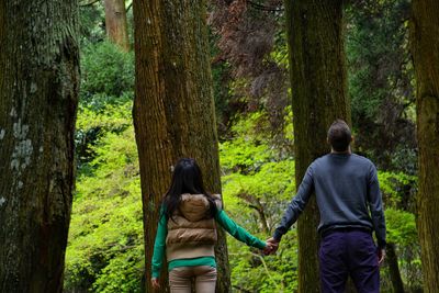 Rear view of couple holding hands against trees at forest