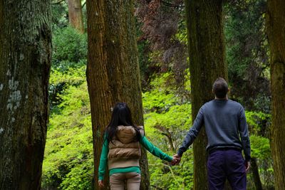 Rear view of couple holding hands against trees at forest