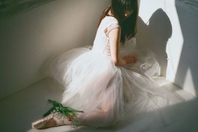 High angle view of woman with dog