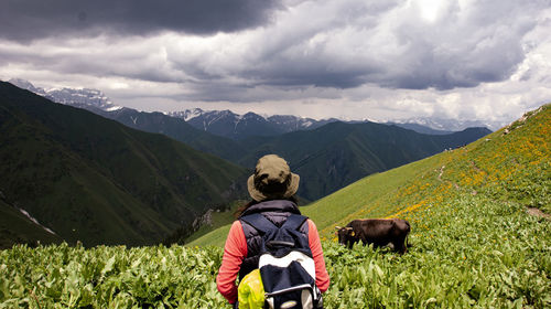 Rear view of man standing on mountain against sky