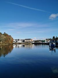 Scenic view of lake by buildings against blue sky